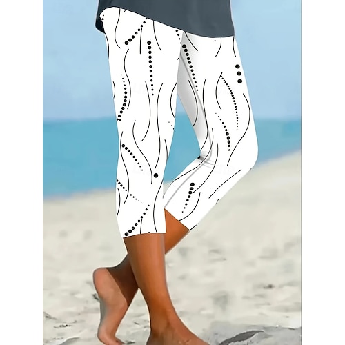 Femmes Pantalon capri Leggings Vacances ancien Mode Longueur mollet Taille haute Graphique À pois Rayé Impression Respirant Doux Élastique Extérieur Vacances Rue Noir et blanc Gris Blanche Bleu Ét