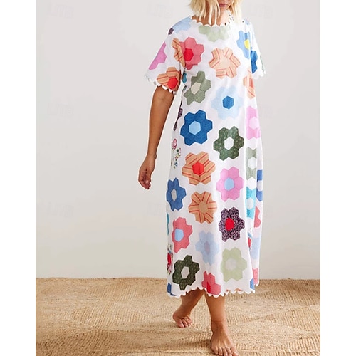  Dam Långklänning Maxiklänning Klänningar i bomullslinne Vardagsklänning Mode Utomhus Fest Helgdag Normal Blomma Kortärmad Rund hals Vit Sommar