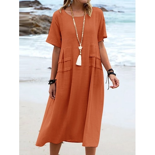 Femmes Robe Midi Robes en coton et lin Robe Décontractée Robe d'été Classique Moderne Quotidien Week-end Coupe régulière Uni Manche Courte Col ras du cou Noir Jaune Rose Claire Bleu Roi Été