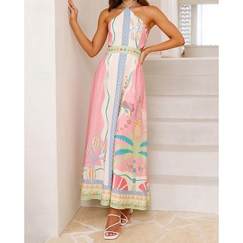  Damen Langes Kleid Maxikleid Baumwoll-Leinen-Kleider Freizeitkleid Mode Outdoor Party Ferien Normale Passform Blume Kurzarm Neckholder Rosa Sommer
