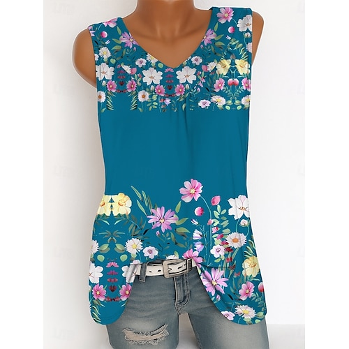  Femmes Débardeur caraco Fleuri Graphique ancien Tropical Élégant Sans manches Col en V Hauts Longs Quotidien Imprimé Bleu Violet Vert Été Printemps