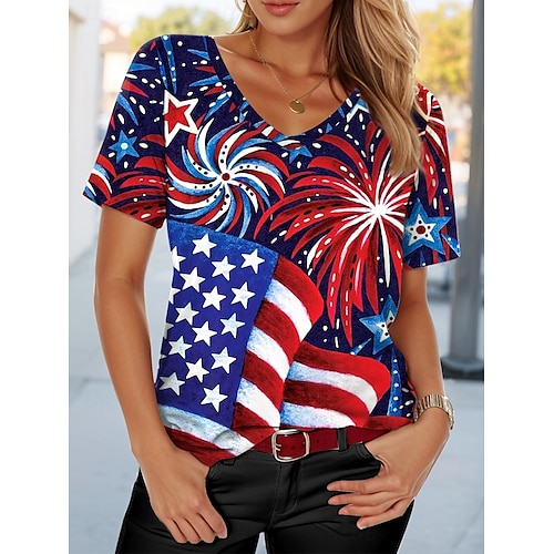  camiseta יום העצמאות לנשים אדום לבן וכחול דגל אמריקאי אופנתי קצר שרוול צוואר V רגיל טופים דפוס יומי אדום קיץ