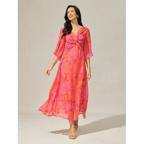  Per donna Vestito maxi Abito linea A Elegante Manica svasata Invitati del matrimonio Cocktail party Standard Floreale Manica a 3/4 A V Rosso Estate