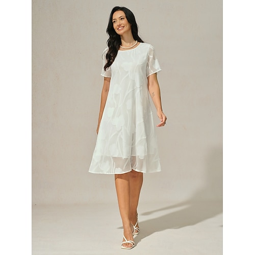  Dame Mini kjole Chiffonkjoler Elegant Fritid Løstsittende Blomstret Kortermet Crew-hals Hvit Sommer
