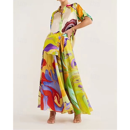 Damen Mode Streetwear Rock-Sets Halbarm Hemdkragen Abstrakt Druck Alltagskleidung Date Grün Sommer Normale Passform