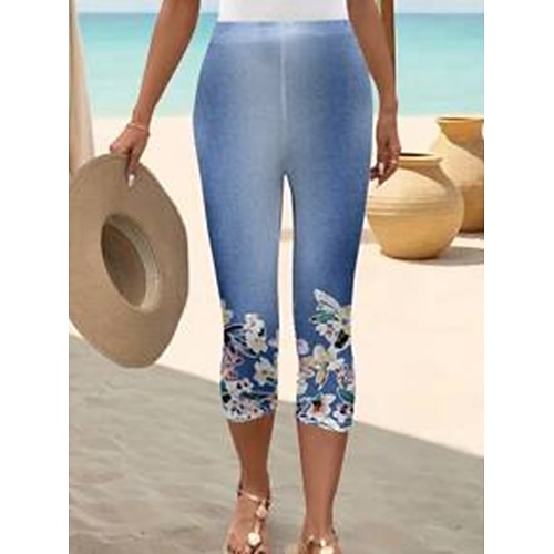  Women's Leggings Capri Pants 3D Print High Elasticity Vintage Fashion Ethnic Style Calf-Length High Waist Floral Graphic Stretchy Vacation Street Causal Robin's Egg Blue White Summer Spring Slim Fit