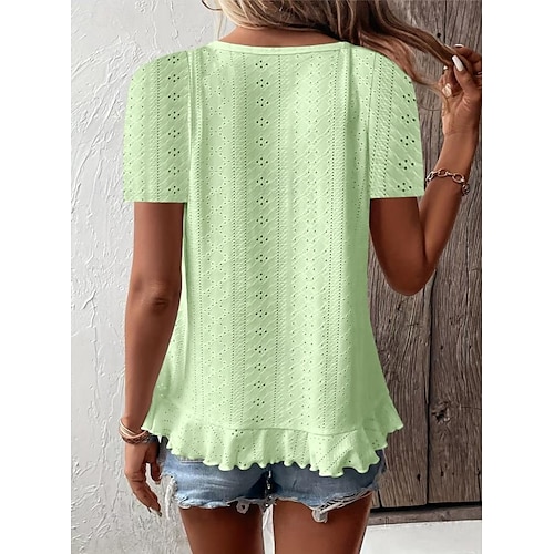  Women's T Shirt Solid Color Plain Basic Casual Short Sleeve Crew Neck Regular Tops Daily Weekend Ruffle Eyelet White Yellow Pink Green Summer
