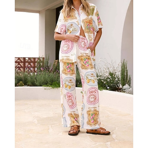  Femmes Mode Streetwear Ensembles en coton et lin Ensembles de Pantalons Manche Courte Col de chemise Usine Imprimé Tenue quotidienne Date Blanche Été Coupe régulière