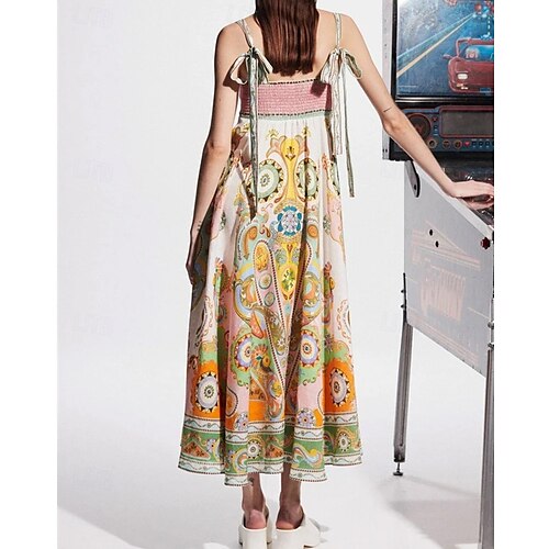  Damen Langes Kleid Maxikleid Baumwoll-Leinen-Kleider Freizeitkleid Mode Outdoor Party Ferien Normale Passform Ethnisch Kurzarm Träger Gelb Sommer