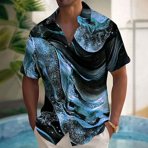  Per uomo Lusso Astratto Marmo Camicia Camicia con Bottoni Manica Corta Moda Casual Vacanza Ferie Abbigliamento casual alla moda Estate Primavera Collo ripiegato Stampa 3D camicie con colletto Nero