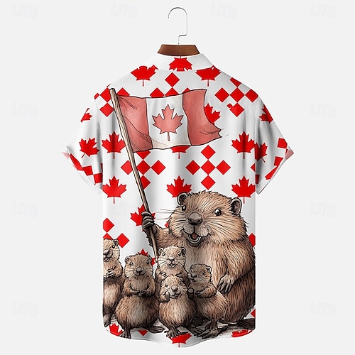 Canada Day Men's Flag Maple Leaf Beaver Shirt Summer Shirt Button Up Shirt Short Sleeve Fashion Casual Holiday Summer Spring Turndown 3D Print Collared Shirts Front One Pocket White