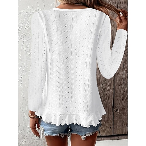  Women's Blouse Solid Color Stylish Casual Long Sleeve Crew Neck Regular Tops Daily Ruffle Eyelet White Yellow Blue Green Summer Spring