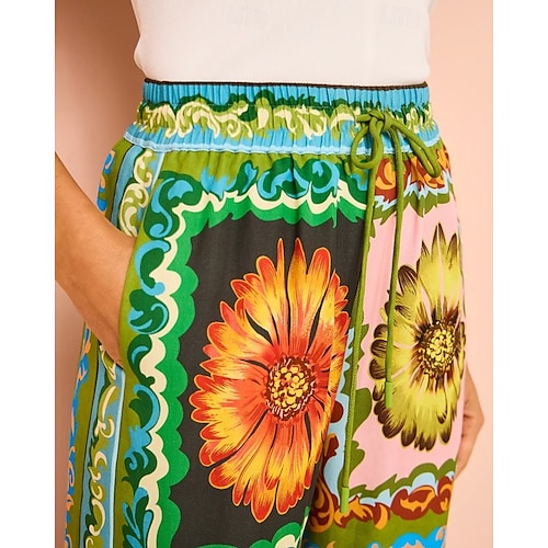  Femmes Mode Streetwear Chemises en coton et lin Ensembles de Pantalons Manche Courte Col de chemise Fleuri Imprimé Tenue quotidienne Date Vert Été Coupe régulière