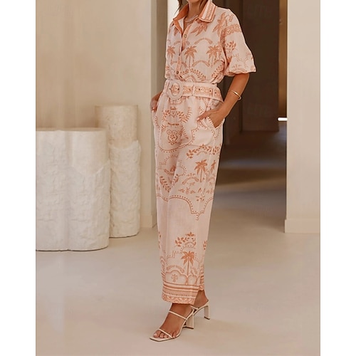  Per donna Moda Streetwear Set di biancheria in cotone Set di Pantaloni Manica Corta Colletto a Camicia Floreale Stampato Abbigliamento quotidiano Data Rosa Blu Estate Vestibilità regolare