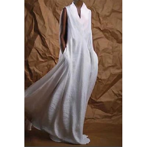 Femmes Robe Longue Maxi Robe Robes inspirées du lin Robe Blanche Robe de Soirée Robe en coton et lin Mode Soirée Anniversaire Coupe régulière Uni Sans manches Col en V Blanche Été