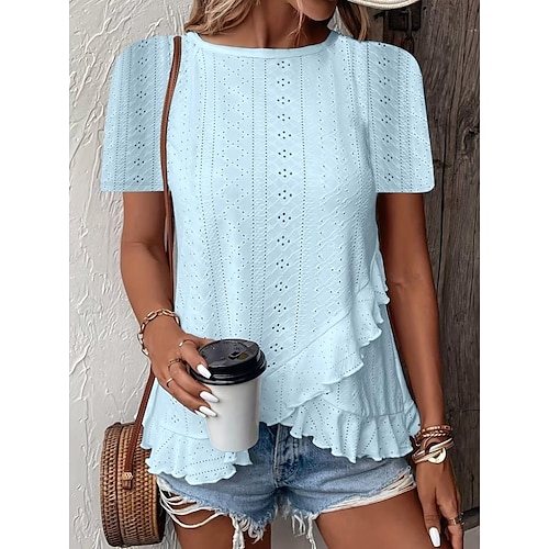  Women's T Shirt Solid Color Plain Basic Casual Short Sleeve Crew Neck Regular Tops Daily Weekend Ruffle Eyelet White Yellow Pink Green Summer
