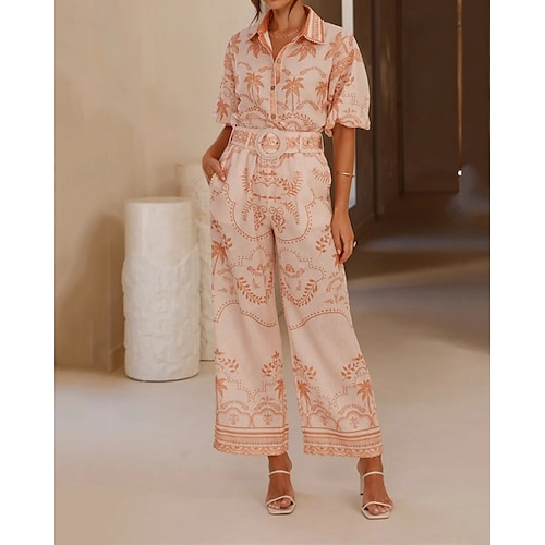  Per donna Moda Streetwear Set di biancheria in cotone Set di Pantaloni Manica Corta Colletto a Camicia Floreale Stampato Abbigliamento quotidiano Data Rosa Blu Estate Vestibilità regolare