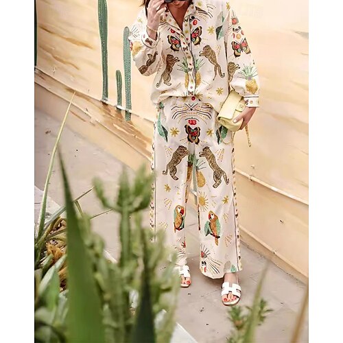  Per donna Moda Streetwear Camicie di cotone e lino Set di biancheria in cotone Set di Pantaloni Manica Lunga Colletto a Camicia Animale Stampato Abbigliamento quotidiano Data Beige Estate Vestibilit