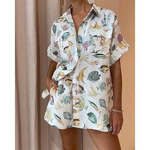  Per donna Moda Streetwear Camicie di cotone e lino Set di Pantaloncini Manica Corta Colletto a Camicia Animale Stampato Abbigliamento quotidiano Data Beige Estate Vestibilità regolare