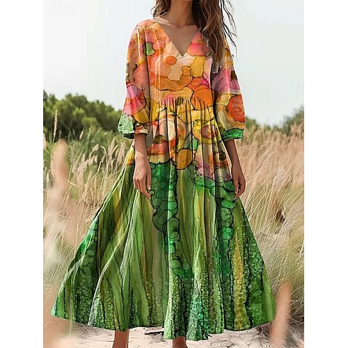 Abito lungo da donna in cotone e lino, estivo, plissettato, casual, stile boho, per uscire in spiaggia, vestibilità ampia, manica a 3/4, scollo a V, rosa, blu, arancione.