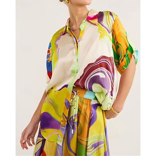  Damen Mode Streetwear Rock-Sets Halbarm Hemdkragen Abstrakt Druck Alltagskleidung Date Grün Sommer Normale Passform