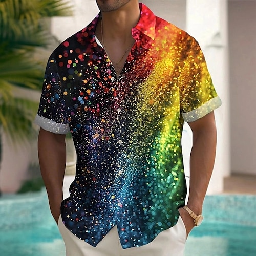  Miesten Sateenkaari Roiskeet mustetta Ylpeys Paita Kesä paita Button Up paita Lyhythihainen Muoti rento Pyhäpäivä Kesä Kevät Sänkyjen avaus 3D-tulostus kauluspaidat Edessä yksi tasku Musta