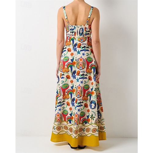  Damen Langes Kleid Maxikleid Baumwoll-Leinen-Kleider Freizeitkleid Mode Outdoor Party Ferien Normale Passform Landschaft Ärmellos Träger Gelb Sommer