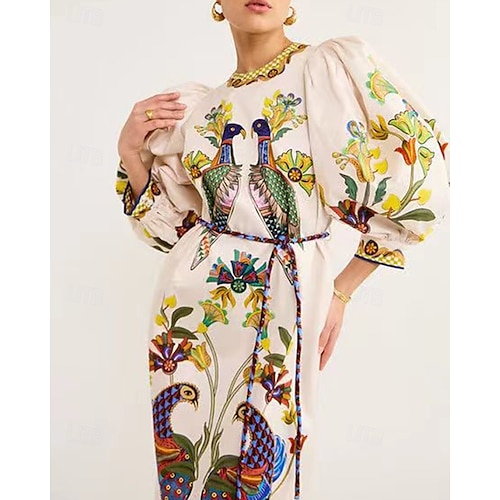  Damen Langes Kleid Maxikleid Baumwoll-Leinen-Kleider Freizeitkleid Mode Outdoor Party Ferien Normale Passform Tiermotiv Langarm Rundhalsausschnitt Beige Sommer