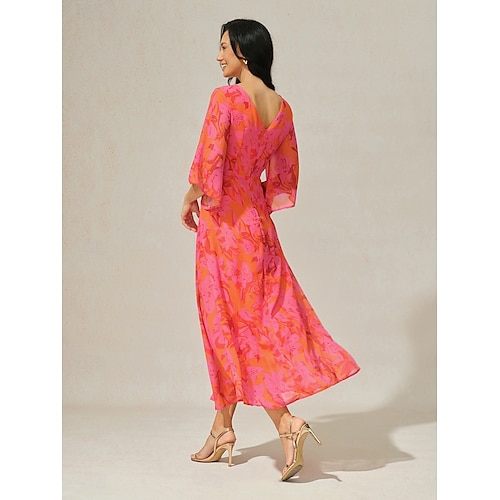  Per donna Vestito maxi Abito linea A Elegante Manica svasata Invitati del matrimonio Cocktail party Standard Floreale Manica a 3/4 A V Rosso Estate