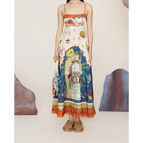  Dámské Dlouhé šaty Maxi šaty Bavlněné lněné šaty Volnočasové šaty Slip Dress Módní Venkovní Párty Dovolená Běžný Tropický vzhled Bez rukávů Špagetová ramínka Žlutá Vodní modrá Oranžová Léto