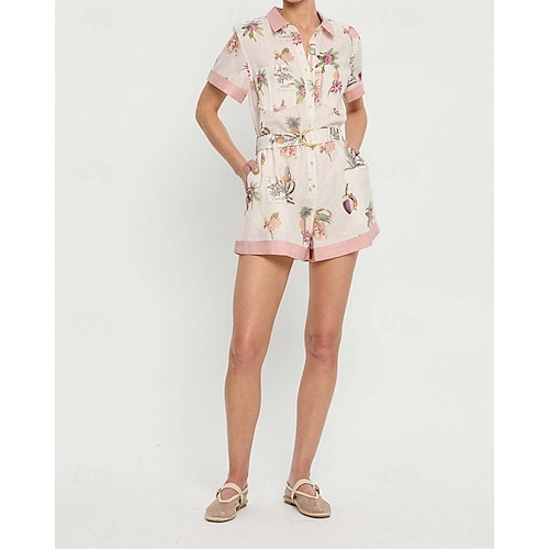  Femmes Normal Combishort Actif Fleuri Manche Courte Tee-shirt Shorts amples Col de chemise Avec Poches Ceinturé Rue Quotidien Coupe régulière Rose Claire Été