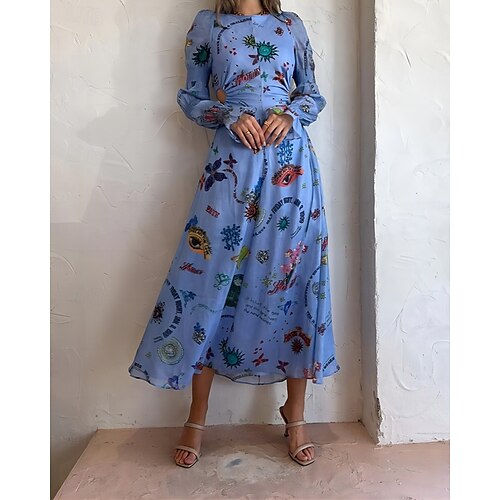  Pentru femei Rochie Lunga Rochie Maxi Rochii de in bumbac Rochie casual Modă În aer liber Petrecere Concediu Fit regulat Vopsire Manșon Lung Stil Nautic Albastru piscină Vară