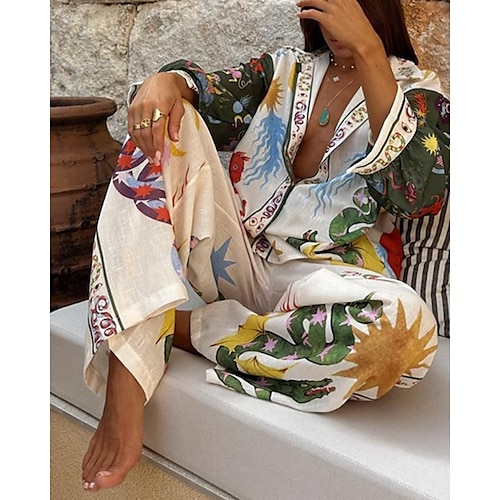  Femmes Mode Streetwear Chemises en coton et lin Ensembles en coton et lin Ensembles de Pantalons manche longue Col de chemise Fleuri Imprimé Tenue quotidienne Date Rose Claire Bleu Beige Été Coupe