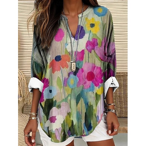  Blouse femme hauts d'été graphique floral vintage tropical hawaïen à manches longues col en V décontractée quotidienne vacances plage imprimé bleu marine bleu violet vert beige printemps été