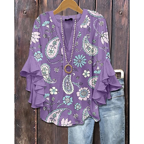  Damen T Shirt T-Shirt Blumen Grafik Mode Modern Halbarm V Ausschnitt Normale Oberteile Täglich Ausgehen Rüsche Druck Rote Blau Purpur Sommer Frühling