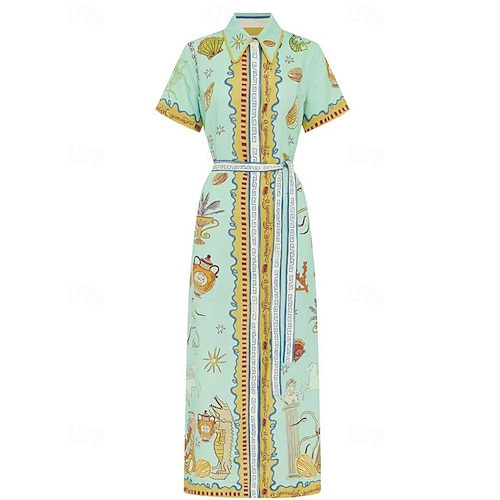  Damen Langes Kleid Maxikleid Baumwoll-Leinen-Kleider Freizeitkleid Mode Outdoor Party Ferien Normale Passform Tropisch Kurzarm Hemdkragen Blau Sommer
