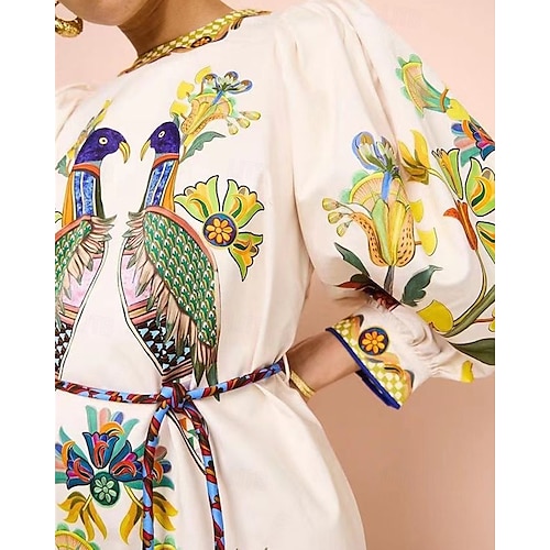  Damen Langes Kleid Maxikleid Baumwoll-Leinen-Kleider Freizeitkleid Mode Outdoor Party Ferien Normale Passform Tiermotiv Langarm Rundhalsausschnitt Beige Sommer