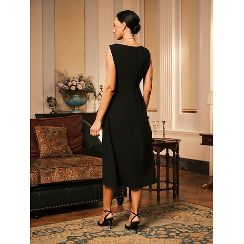  Dam Midiklänning Sheath Dress A linjeklänning Elegant Bröllop Fest Bröllopsgäst Normal Ensfärgat Ärmlös V-hals Grå rosa Svart Vinröd Marinblå Sommar Vår Höst Vinter