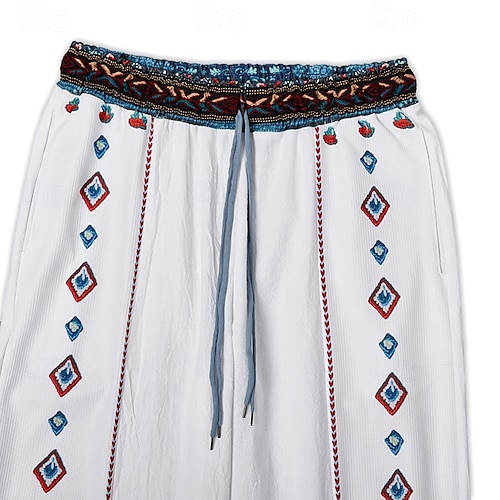  Men's Linen Pants Trousers Summer Pants Beach Pants Patchwork Elastic Waist Straight Leg Geometric Comfort Breathable Full Length Casual Daily Holiday Vacation Fashion White