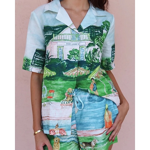  Femmes Mode Streetwear Chemises en coton et lin Ensembles en coton et lin Ensembles de Shorts Manche Courte Col de chemise Impression Imprimé Tenue quotidienne Date Bleu Été Coupe régulière