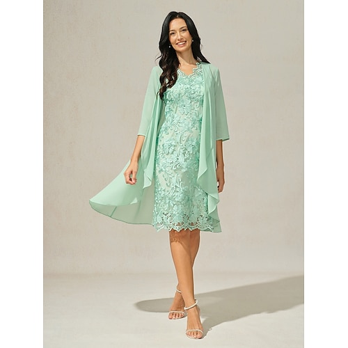  Damen Minikleid Kleid-Set A Linie Kleid Elegant Formell Party Hochzeitsgast Cocktailparty Lässiger Schnitt Dreiviertelarm V Ausschnitt Hellgrün Sommer Frühling Herbst