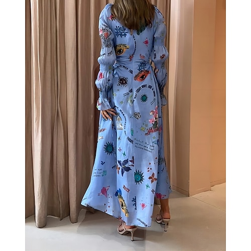  Pentru femei Rochie Lunga Rochie Maxi Rochii de in bumbac Rochie casual Modă În aer liber Petrecere Concediu Fit regulat Vopsire Manșon Lung Stil Nautic Albastru piscină Vară