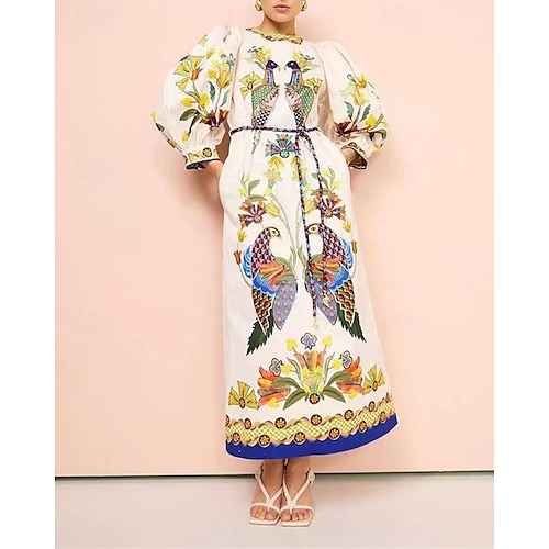  Damen Langes Kleid Maxikleid Baumwoll-Leinen-Kleider Freizeitkleid Mode Outdoor Party Ferien Normale Passform Tiermotiv Langarm Rundhalsausschnitt Beige Sommer