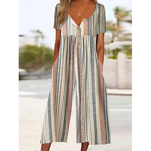  Femmes Normal Combinaison Actif Fleuri Manche Courte Jambe large Col rond Avec Poches Imprimé Vacances Quotidien Coupe régulière Blanche Vert Véronèse Bleu Été