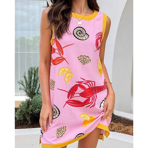  Damen Minikleid Baumwoll-Leinen-Kleider Freizeitkleid Mode Outdoor Party Ferien Normale Passform Tiermotiv Ärmellos Rundhalsausschnitt Rosa Sommer