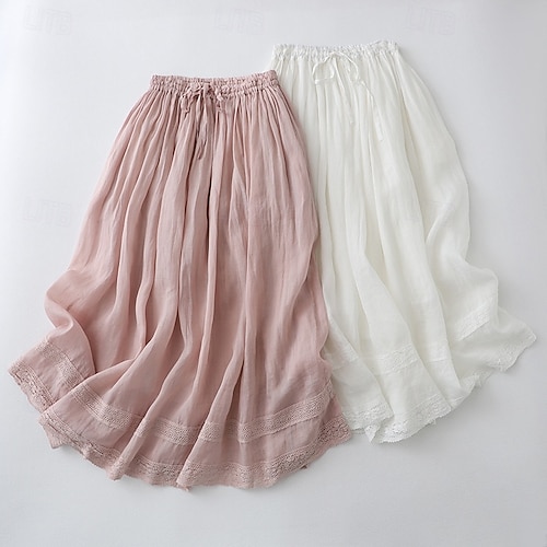 Femmes Jupe Jupes en lin Occasionnel Maxi Taille Basse Jupes Uni Cordon de serrage Micro-Élastique Vacances Rue Blanche Rose Claire Été Mélange Lin-Coton