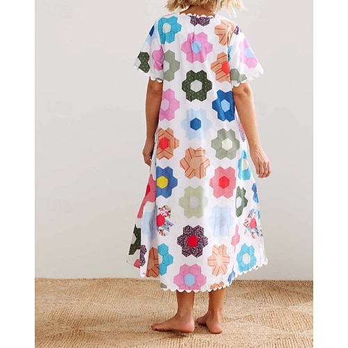  Dam Långklänning Maxiklänning Klänningar i bomullslinne Vardagsklänning Mode Utomhus Fest Helgdag Normal Blomma Kortärmad Rund hals Vit Sommar