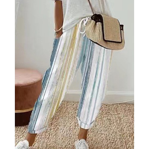 Mujer Pantalones de lino y algodón pantalones Casual Longitud total Cintura Media A Rayas Bolsillo Diseño de cordón elástico Al Aire Libre Cómodo Calle Noche Blanco Azul Caqui Verano Ajuste regular