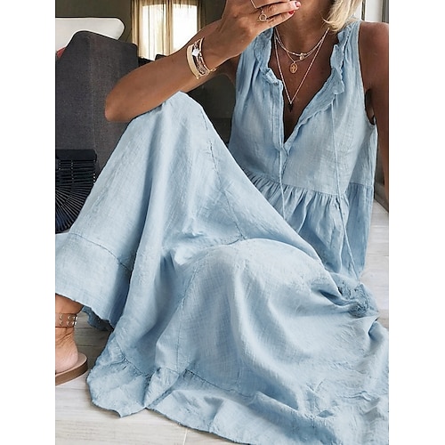 Femmes Robe maxi Robes en coton et lin Basique Occasionnel Vacances Quotidien Coupe régulière Uni Sans manches Col en V Rose Claire Bleu clair Été