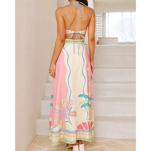  Damen Langes Kleid Maxikleid Baumwoll-Leinen-Kleider Freizeitkleid Mode Outdoor Party Ferien Normale Passform Blume Kurzarm Neckholder Rosa Sommer
